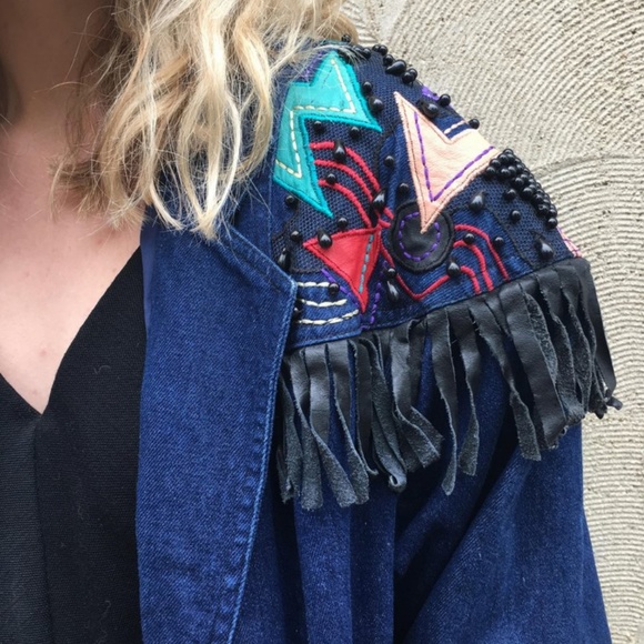Multicolor Abstract Fringed Denim Jacket - Picture 4 of 4